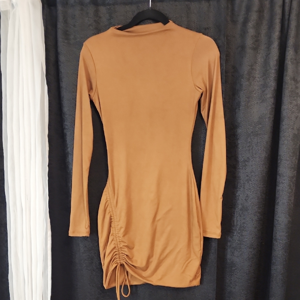 Brown Bodycon Long Sleeve Dress with Mock Neck for Casual Occasions